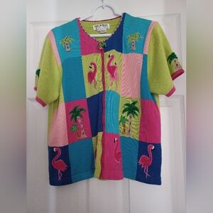 Jack B Quick Womens Size L Colorful Flamingo and Palm Tree Cardigan Shoty Sleeve